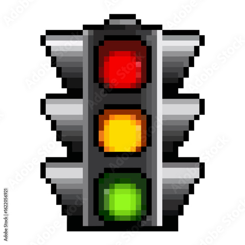 Pixel traffic lamp vector for city life, transportation, and urban rules in a classic pixel art style. Ideal for navigation, driving, and a digital cityscape.