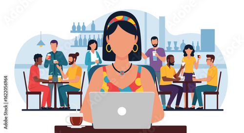 Woman working on laptop in a busy cafe, perfect for website banners or social media posts about remote work or coworking spaces.