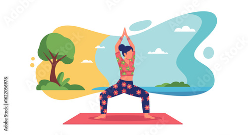Woman doing yoga outdoors, perfect for wellness websites or brochures.