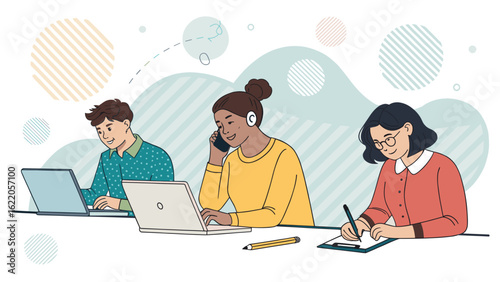 Diverse team collaborating: Illustration of coworkers working on laptops, phone, and notes. Perfect for website banners, brochures, or presentations about teamwork and collaboration.