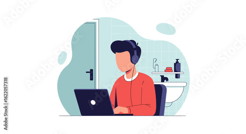 Person working on laptop in bathroom, perfect for remote work, work from home, or flexibility articles.