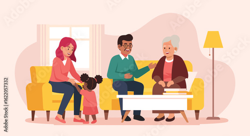 Happy multigenerational family spending time together at home. Perfect for family, togetherness, and generational themes.