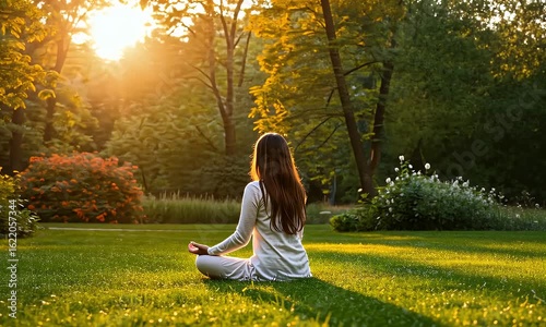 Woman meditates in a sunlit park, surrounded by lush greenery and trees