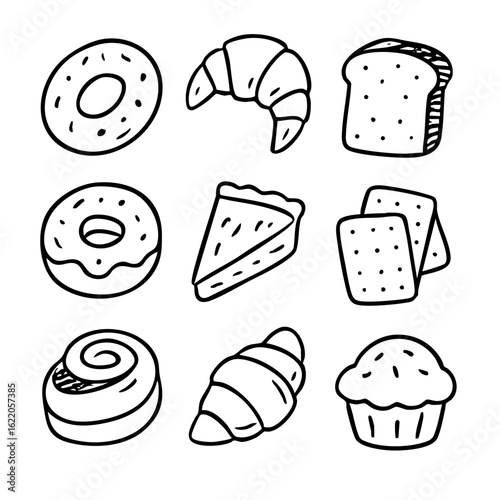 Hand drawn bakery items vector illustration featuring donut croissant bread pie muffin and cinnamon roll sketch