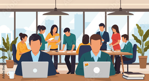 Diverse team collaborating in a modern office, perfect for website banners or business presentations.