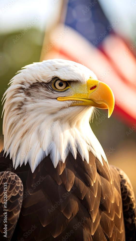 Obraz premium Bald eagle portrait against US flag