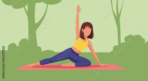 Woman practicing yoga outdoors, perfect for wellness websites or brochures.