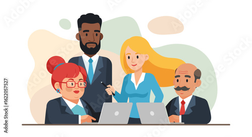 Diverse business team collaborating on laptops, perfect for website banners or presentations.