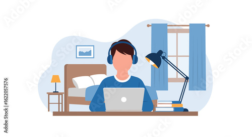 Person working from home on laptop, wearing headphones.  Ideal for websites and blogs about remote work, online learning, or studying.