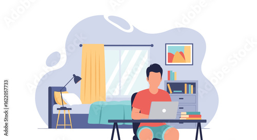 Young man working from home on laptop, bedroom interior, remote work illustration for website or blog.