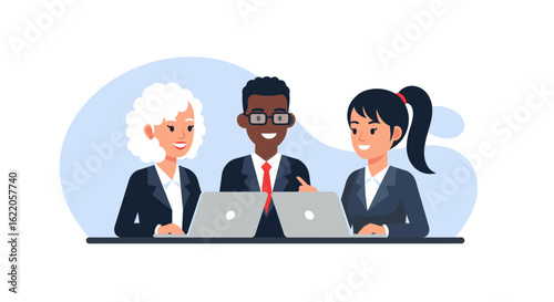 Diverse business team collaborating on laptops - perfect for website banners, presentations, and brochures.