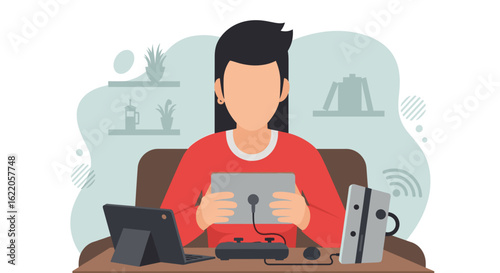 Woman playing video games on tablet at home, perfect for blog posts about gaming or technology.