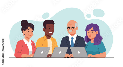 Diverse team collaborating on laptops, perfect for website banners or diversity brochures.