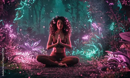 Woman meditates in a vibrant, glowing forest
