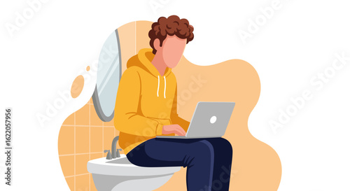 Person working on laptop in bathroom - Illustration for articles about work-life balance or remote work.
