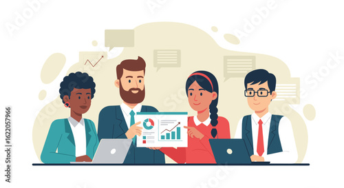 Diverse business team collaborating on project, analyzing data charts. Ideal for presentations, reports, and websites.