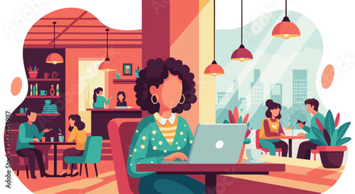 Woman working on laptop in a trendy cafe, perfect for blog posts about remote work or co-working spaces.