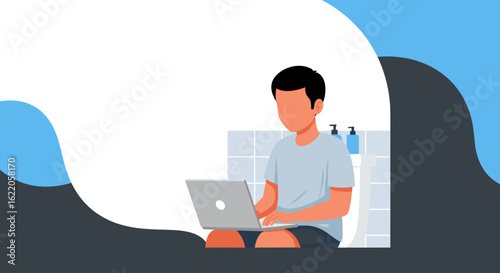 Person working on laptop in bathroom, illustration for website or blog post about work-life balance.