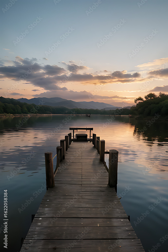 Fototapeta premium Wooden pier stretching into a calm lake at sunset, with mountains and clouds reflected in the water.