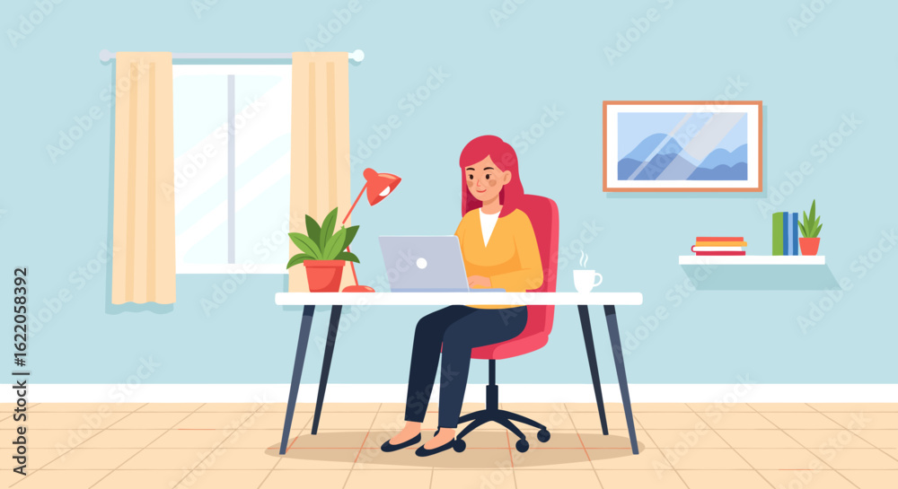 Fototapeta premium Woman working from home on laptop, ideal for remote work and freelance blogs.