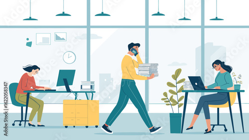 Busy Office Workers: Illustration of a modern office scene with people working on computers and handling paperwork, perfect for illustrating productivity or teamwork.