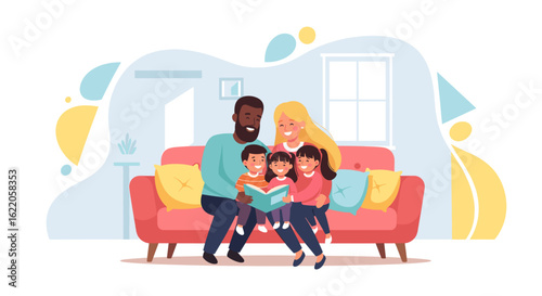 Happy family reading a book together on a cozy sofa - perfect for family blogs, children's books, or parenting websites.