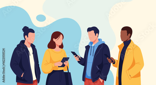 Diverse group of young adults using smartphones and tablets. Perfect for websites, social media, and app marketing.