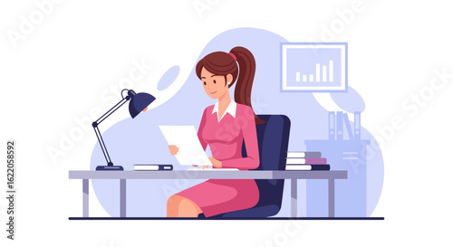 A focused female customer service representative works at her desk reviewing documents, wearing a headset, in a modern office setting, showcasing professionalism and efficiency.