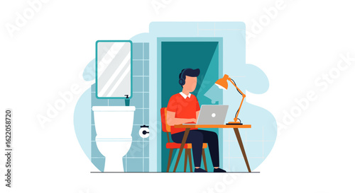 Person working on laptop in a bathroom, illustration for articles about remote work, work-life balance or unusual workplaces.