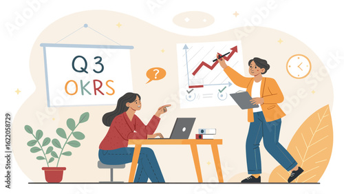 Two businesswomen are collaborating on a project, analyzing data and discussing strategies in a modern office setting, focusing on Q3 OKRs and performance growth.