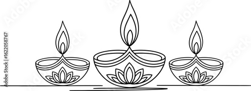 Three traditional indian oil lamps with flickering flames in a decorative outline style