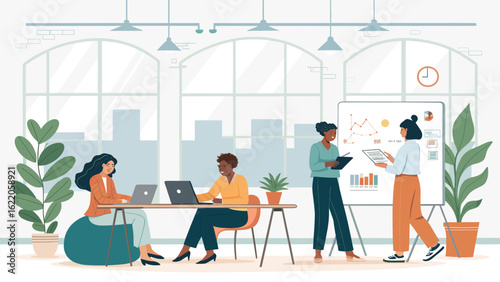 Diverse business team collaborating in a modern office, perfect for website banners or presentations.