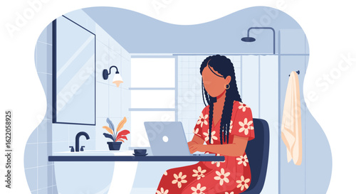 Woman working remotely from home, using laptop in bathroom. Illustration perfect for blog posts about flexible work.