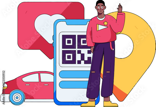 Modern mobile app concept with social media engagement and location services, perfect for car sharing and transportation solutions, designed for digital marketing and contemporary tech platforms
