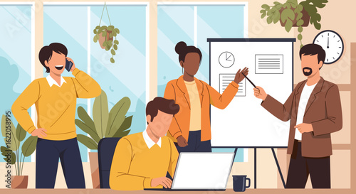 Diverse business team collaborating in a modern office, perfect for websites and presentations.