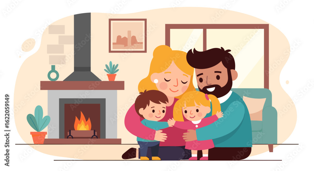 Happy family embracing by fireplace, perfect for family blogs, websites, and greeting cards. Happy family embracing by fireplace, perfect for family blogs, websites, and greeting cards.