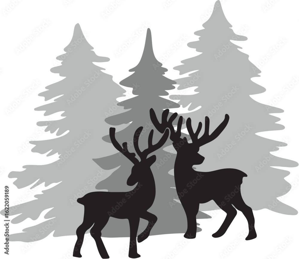 Obraz premium Christmas Deers in Forest Silhouette Vector Black and Gray Winter Illustration