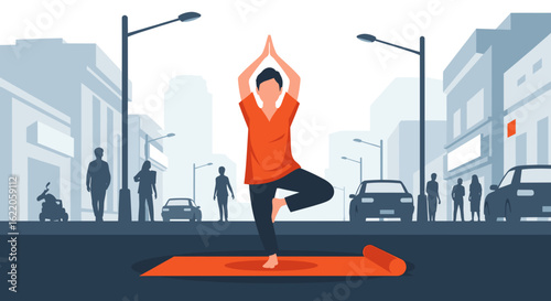 Person practicing yoga outdoors in the city, perfect for wellness blogs or mindfulness campaigns.