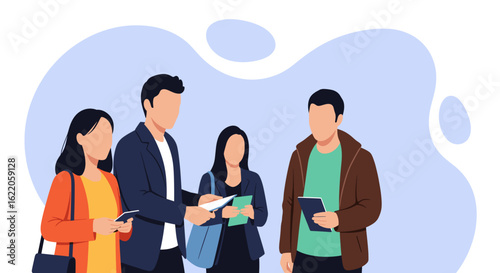 Diverse group of young professionals using digital devices, perfect for a modern business website or brochure.