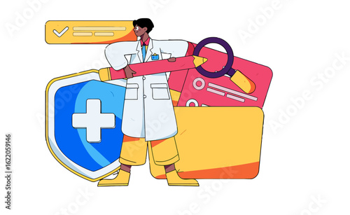 Friendly doctor protecting your health with a comprehensive checkup, ensuring wellness and peace of mind through expert medical attention and preventative care, a vibrant and modern healthcare approac