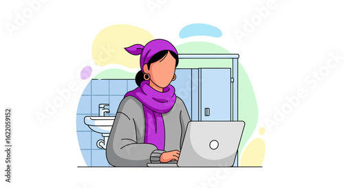 Woman working on laptop in a bathroom, perfect for articles on remote work or work-life balance.