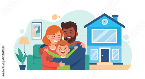 Happy family embracing in their new home. Perfect for real estate, family blogs, or insurance websites.