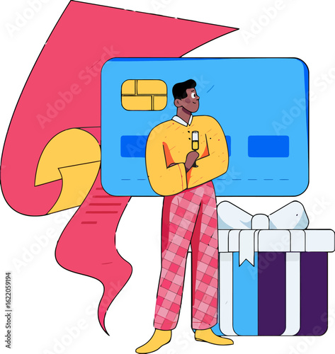 Celebrate rewards with a toast and a modern gift, enjoy financial success and happy payments, use credit for cashback and enjoy a festive lifestyle with modern consumerism