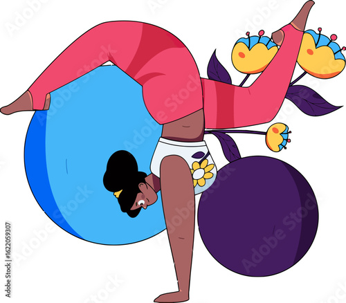 Young woman gracefully executing handstand yoga pose with floral design elements, promoting fitness, flexibility, and well-being in a vibrant, artistic style for health and lifestyle brands