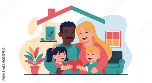 Happy diverse family with children at home, perfect for family, love, and togetherness themes. Ideal for websites, brochures, and social media.