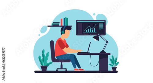 Person working from home, using laptop and headphones, perfect for websites and blogs about remote work.