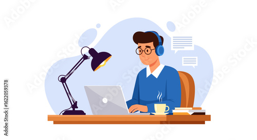 A man wearing headphones works diligently on his laptop at a desk, illuminated by a desk lamp, in a modern workspace.