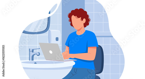 Young man works on laptop in modern bathroom, a freelance lifestyle concept illustration featuring a person using technology in a clean, minimalist space, ideal for remote work or digital nomad