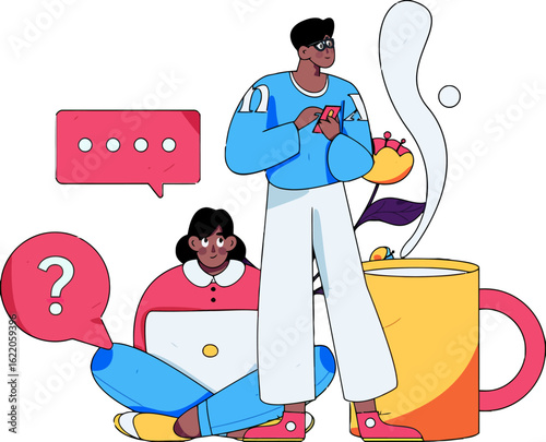 Dynamic illustration of young professionals collaborating remotely with modern technology, fostering creative solutions and engaging in lively online conversations for business growth