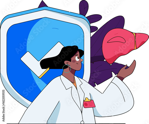 Empowering liver health with expert medical care illustration, featuring a caring doctor and protective shield, promoting wellness and disease prevention with modern medical solutions